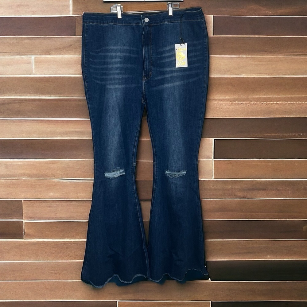 Home Folk Distressed Women's Dark Wash Blue Flare Jeans - Picture 2 of 14